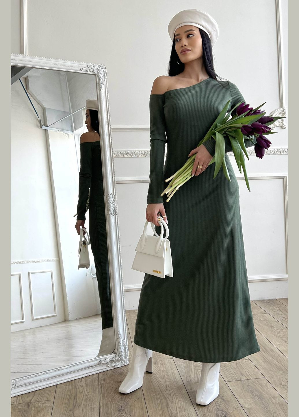 Оливкова (хакі) повсякденний, кежуал, вечірня стильна сукня міді Jadone Fashion однотонна
