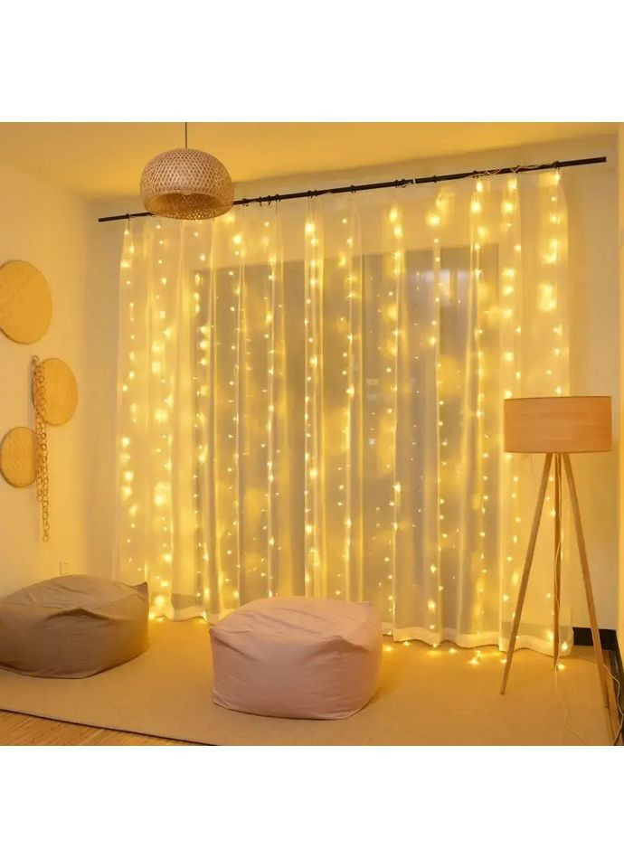 Новогодняя яркая USB гирлянда-штора 3х2м на 200 LED из 10 нитей и пультом NC-7816 Warm white No Brand (366037267)