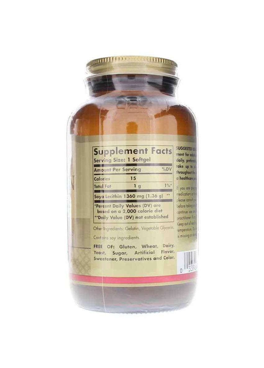 Лецитин Неотбеленный 1360 мг, Natural Soya Lecithin,, 100 желатиновых капсул Solgar (324104187)