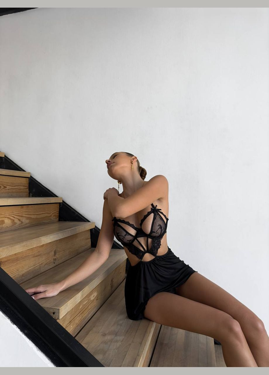 Чорний жіночий спокусливий пеньюар із французького мережива та сіточки. No Brand