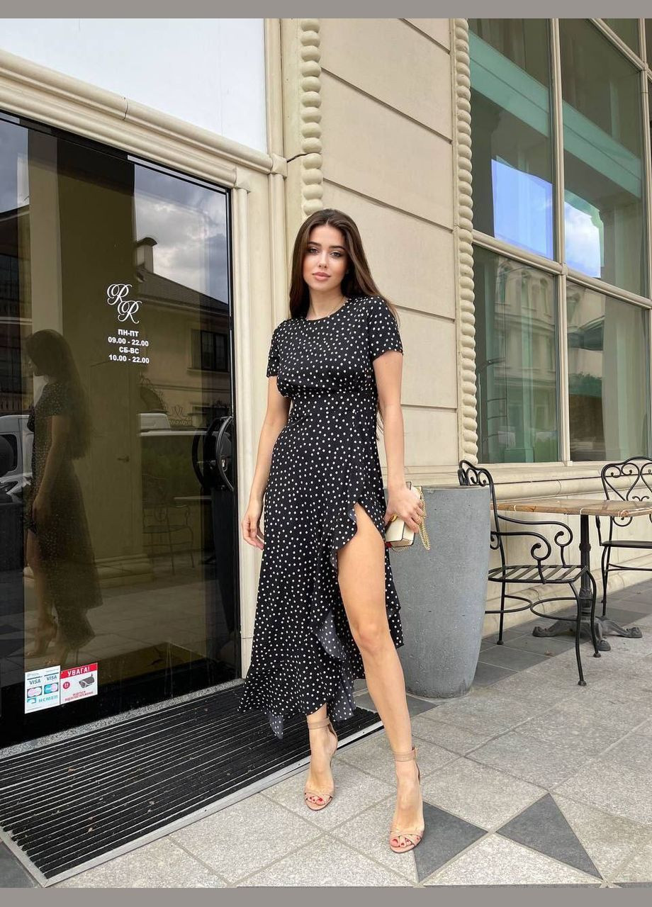Чорна святковий, повсякденний, кежуал, вечірня легка витончена сукня з розрізом по ніжці Vakko в горошок