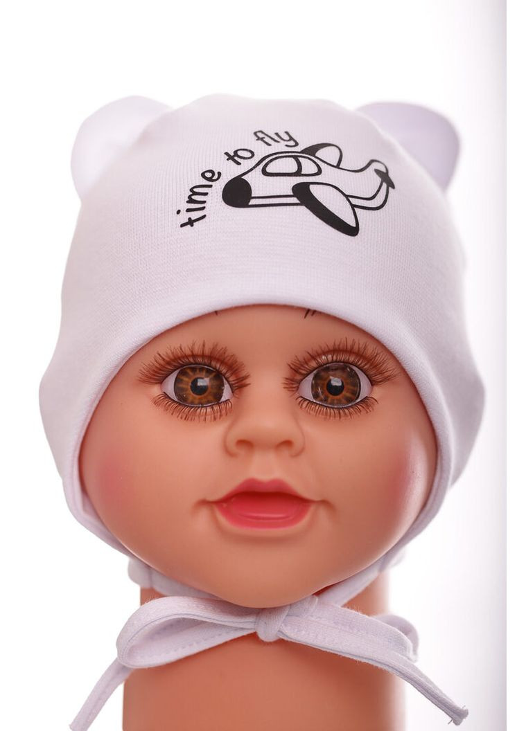 Шапка на зав'язках для хлопчика подвійний трикотаж Time to fly біла 0м+ (50151) BABYKROHA (323469224)