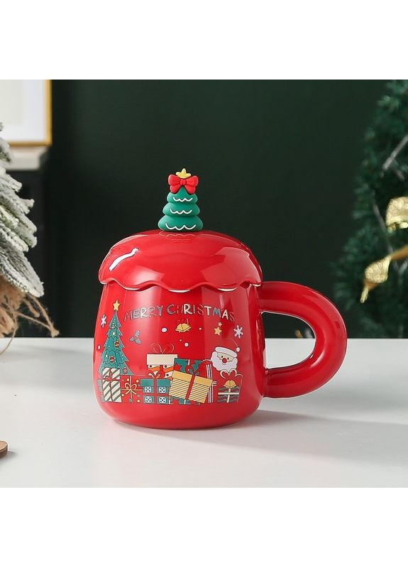 Кружка з кришкою та ложкою новорічна 14629 400 мл червона No Brand (349221659)