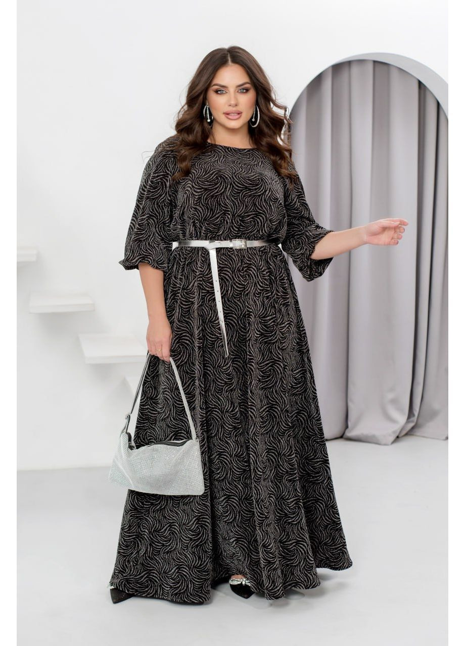 Чорна вечірня довга сукня з люрексом з пишною спідницею MoDiva з абстрактним візерунком