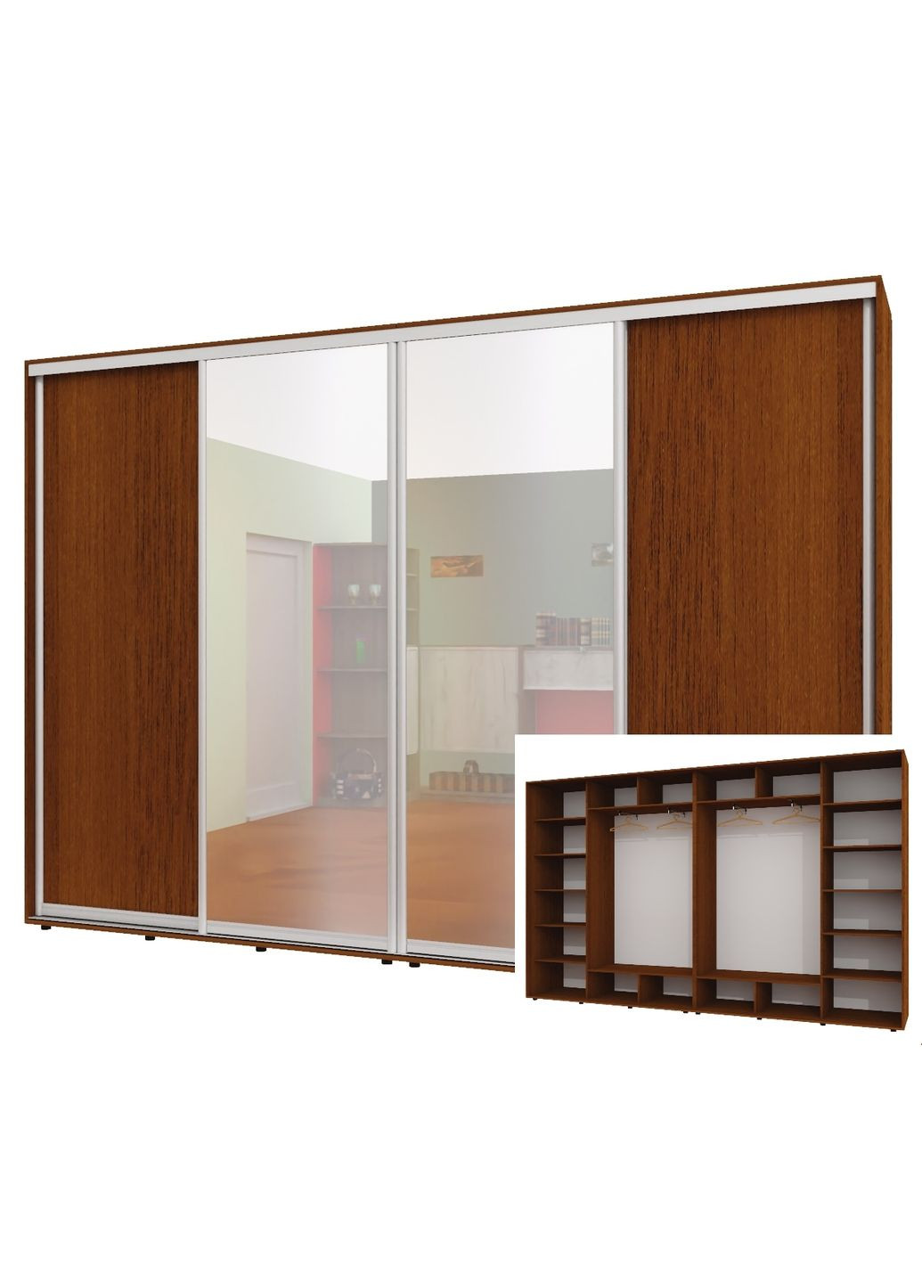 Шкаф-купе четырехдверный 330*45*220 см Орех лесной 4 двери ДСП + Зеркало + Зеркало + ДСП ШК-02 Алекса (360442662)