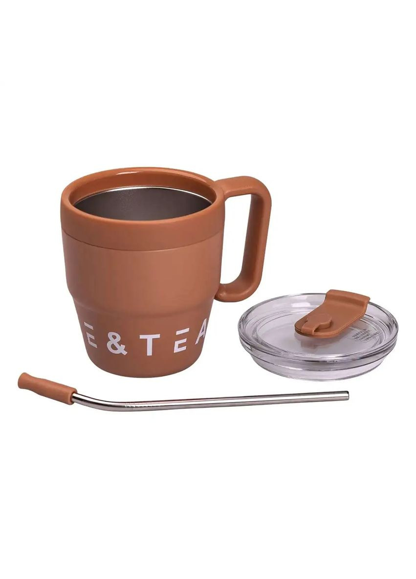 Термочашка Coffee & Tea 480 мл с трубочкой и двойным открыванием коричневый Yiwu (332987178)
