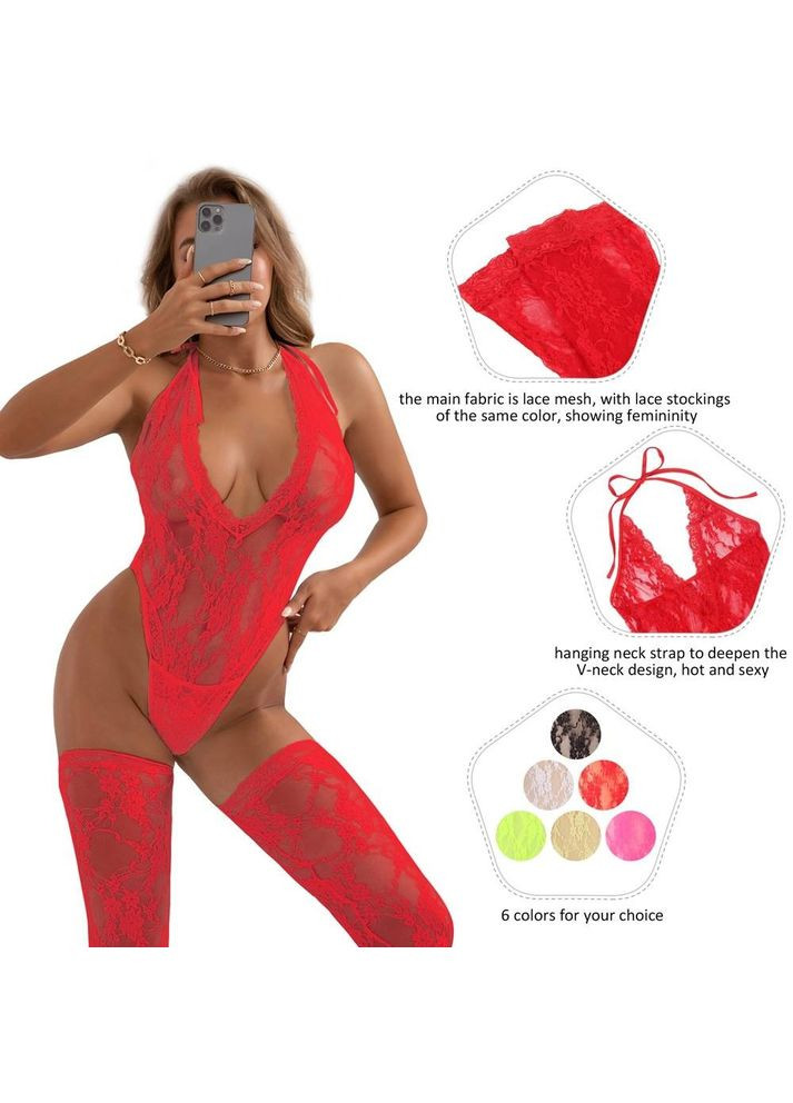 Красный демисезонный боди с чулками star night кружевное, полупрозрачное, красный, хl No Brand