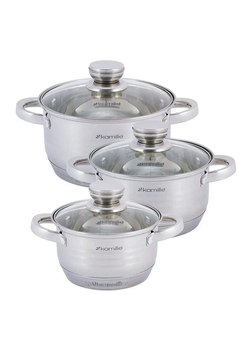 Набор кастрюль из нержавеющей стали 6 предмета для индукции и газа (1.5л, 2.0л, 3.0л) KM- hjk Kamille 4915 (360880079)