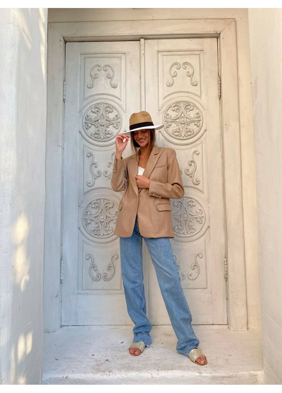 Бежевый женский женский пиджак из экокожи street с карманами (mil416) milirud - всесезон