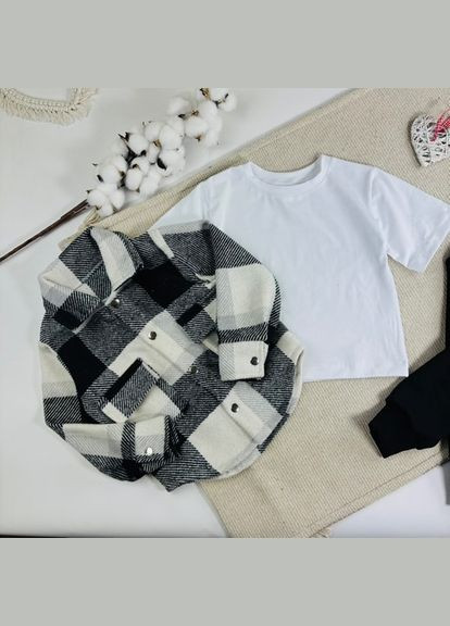 Білий демісезонний чорно-біла дитяча весняна сорочка в карту + біла футболка + чорні штани унісекс 140 No Brand