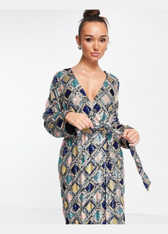 Синя edition вечірня міді сукня у щільних паєтках — фасон на запах Asos