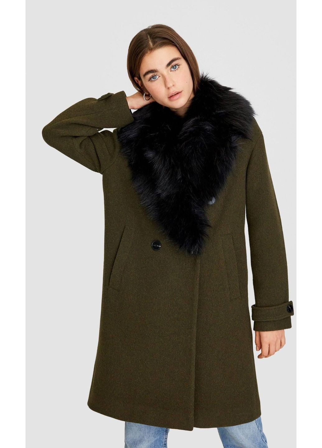 Темно-зелене Пальто демісезон,болотний-чорний, Stradivarius