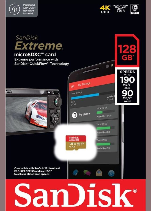 Карта пам'яті 128GB microSDXC C10 UHSI U3 R190/W90MB/s Extreme V30 SanDisk (314835688)