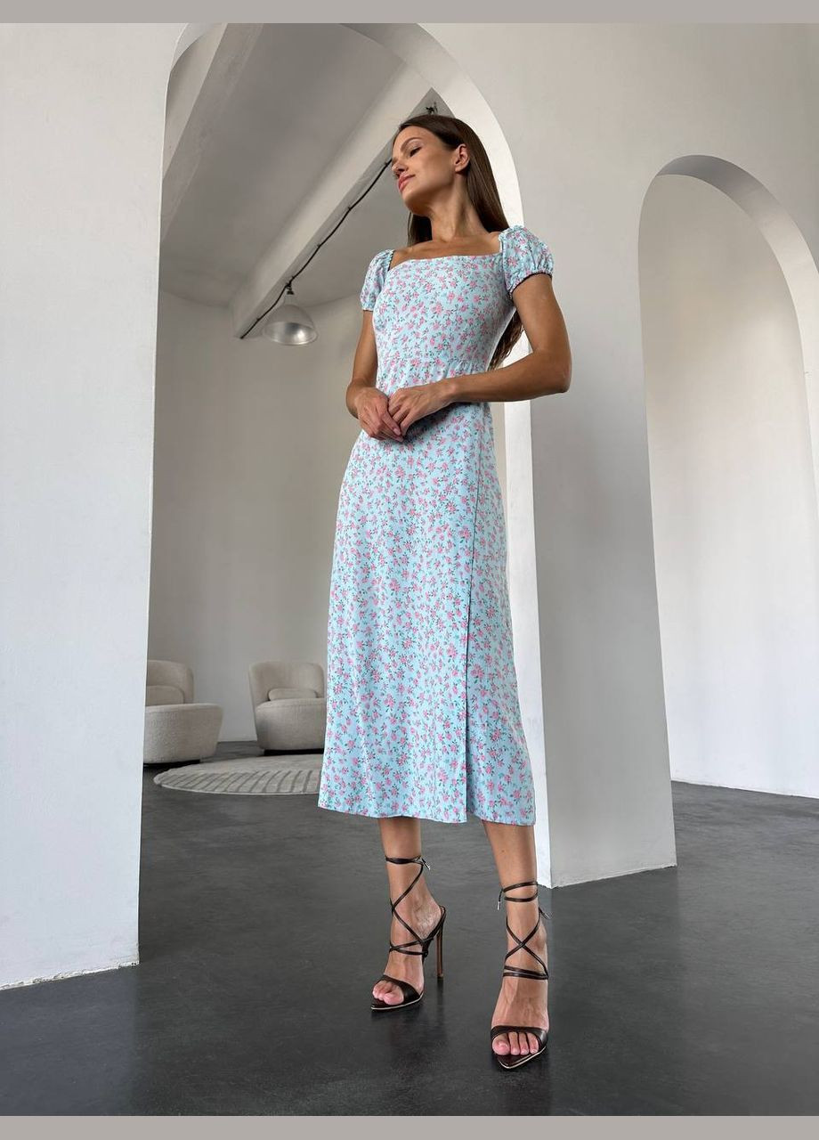 Блакитна кежуал, коктейльна сукня у квітковий принт No Brand з квітковим принтом