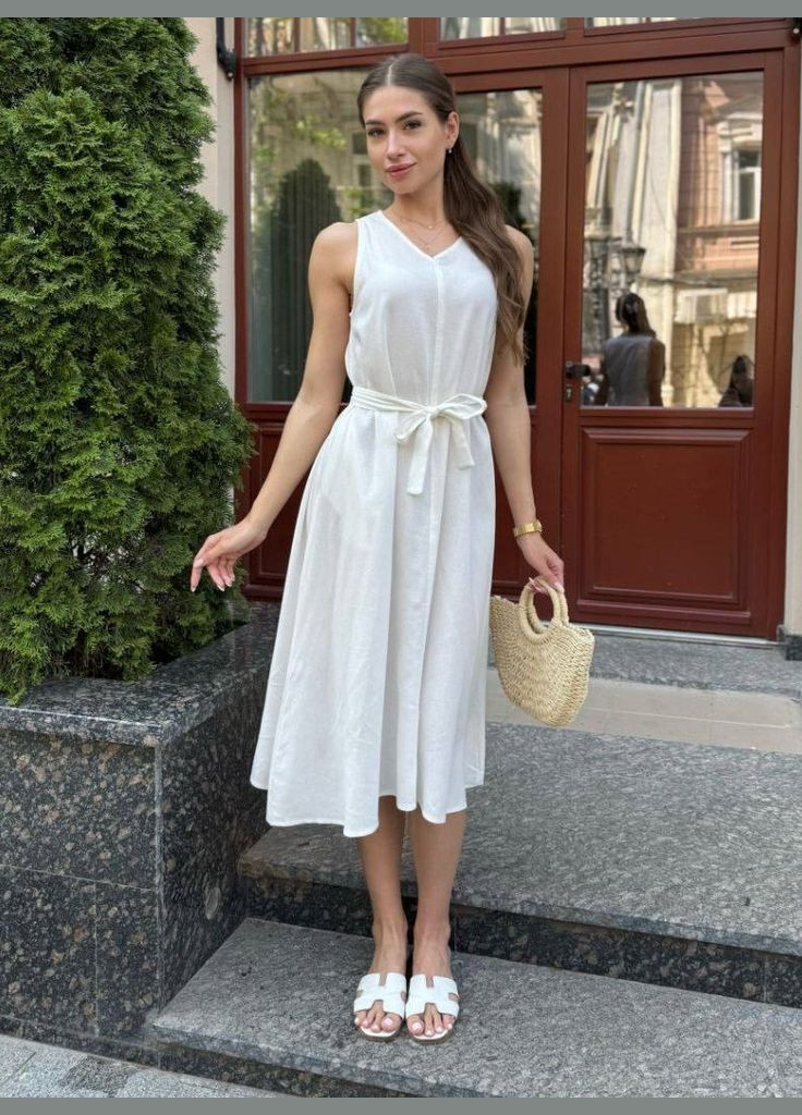 Белое элегантное летнее платье турецкий лен No Brand