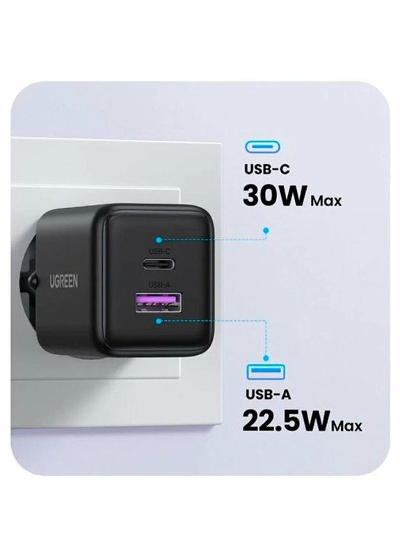 Зарядний пристрій 2xUSB 30W (USB-A + USB-C) X516 Gan чорний Ugreen (370616409)