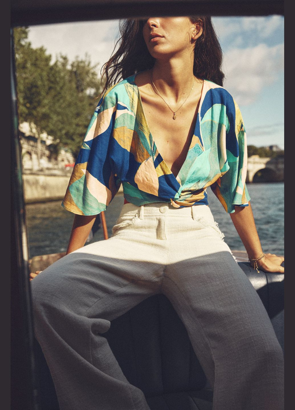 Комбінована різнокольоровий лляний топ Zara