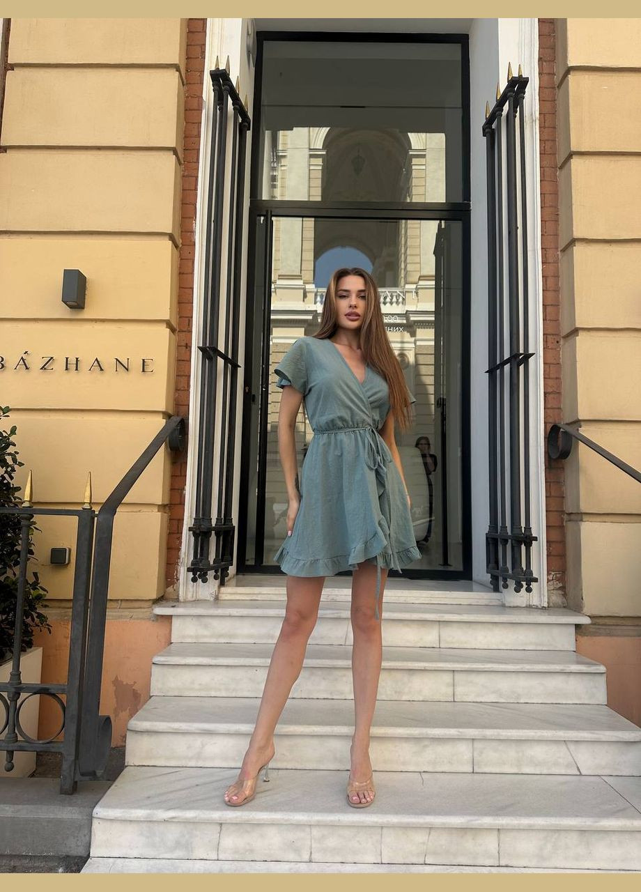 Оливкова повсякденний льняний сарафан на запах на запах Adelante однотонна