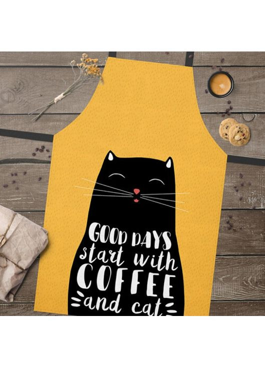 Фартух з принтом Гарний день починається з кави та кота жовтий для кухні та приготування з карманом 75х51 см ProDobro (365442149)