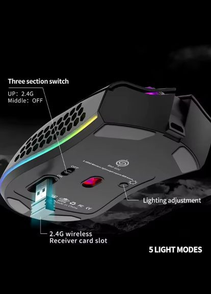 Бездротова миша BM600 Чорна 1600 dpi RGB з підсвічуванням Viper (341323618)