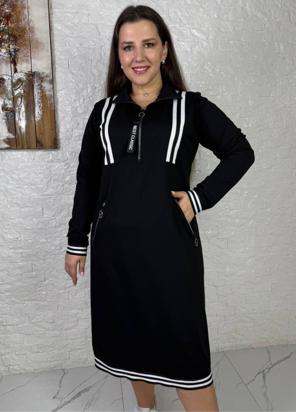 Черное повседневный платье меди с воротником поло на молнии Tik-Tak