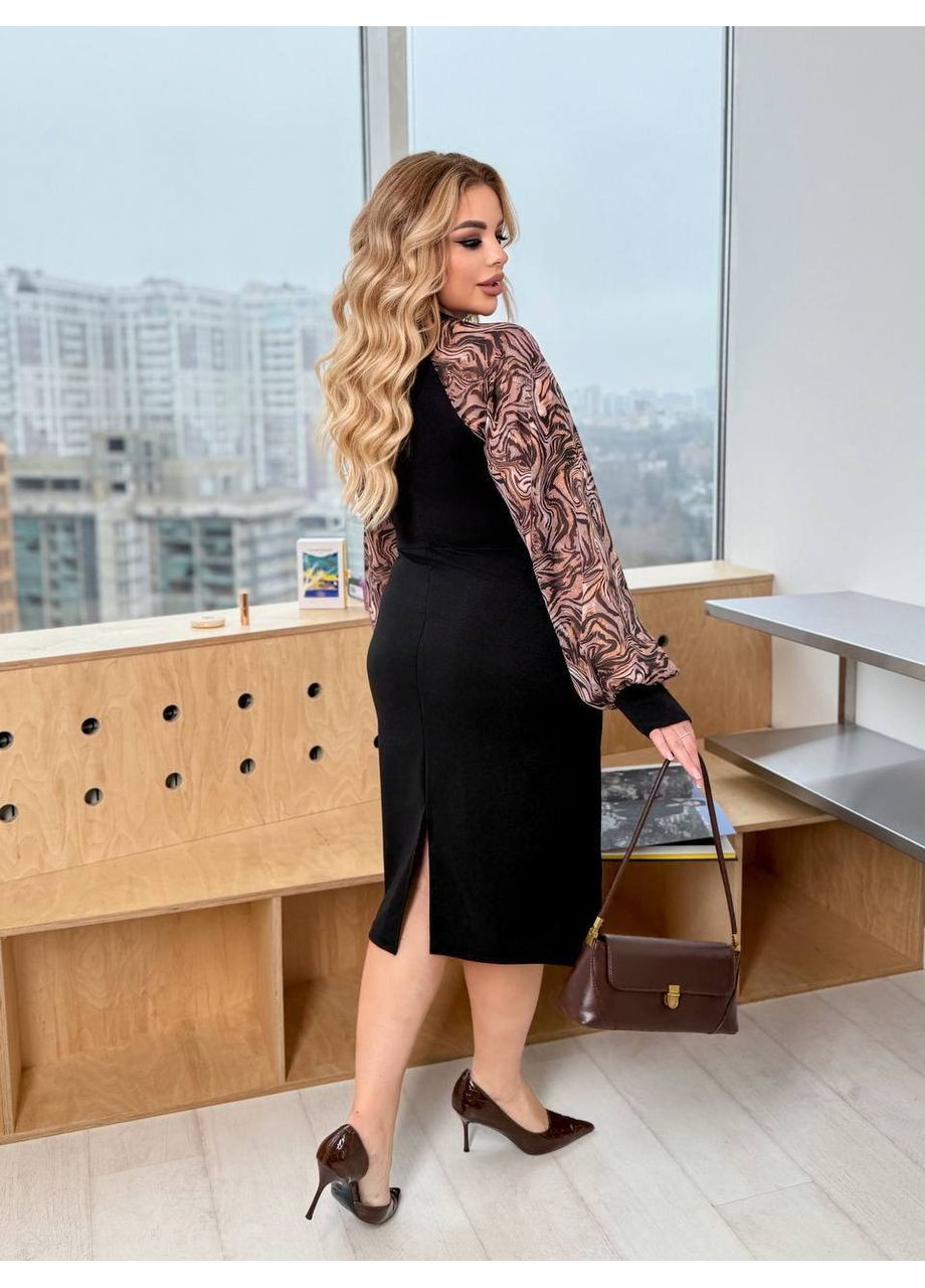 Чорна святковий, вечірня жіноча сукня міді з шифоновими рукавами MonCher