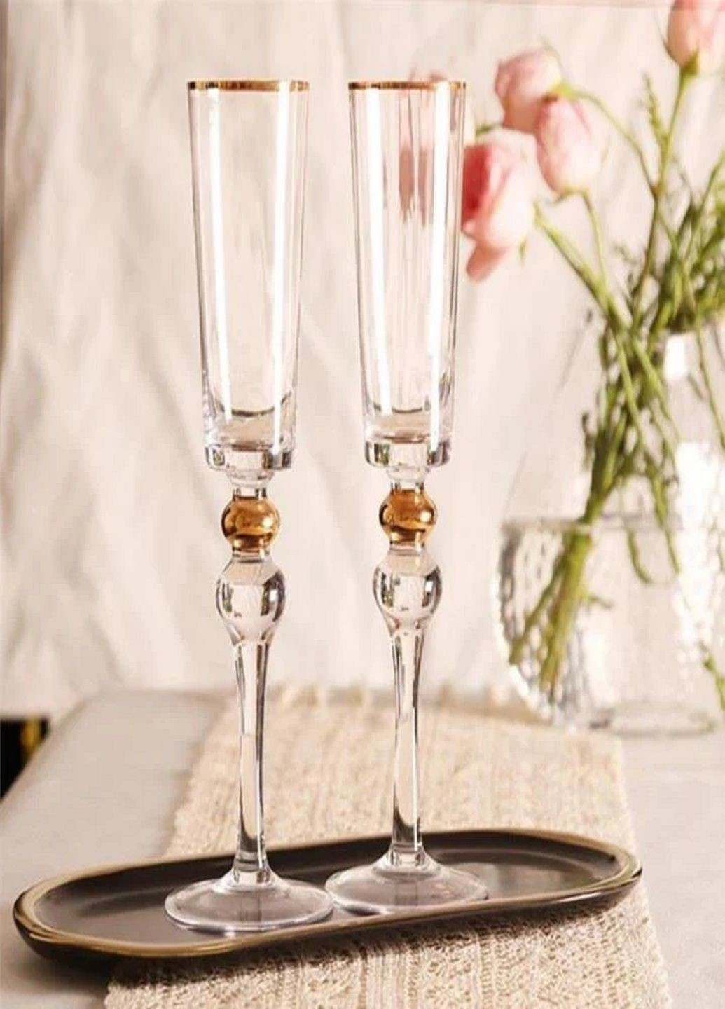 Келихи для ігристого вина із золотистим обідком та фігурною ніжкою 2 шт. Прозорий Shanxi Saintroy Trade Co.,Ltd (279625086)