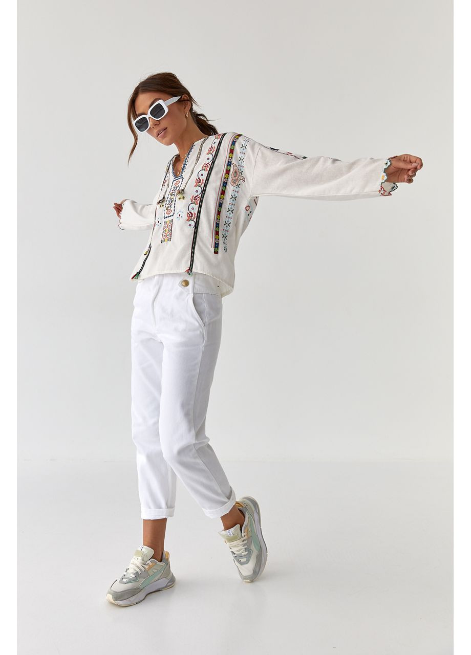 Молочная женская вышиванка с длинными рукавами. ESQ хлопок (354699914)