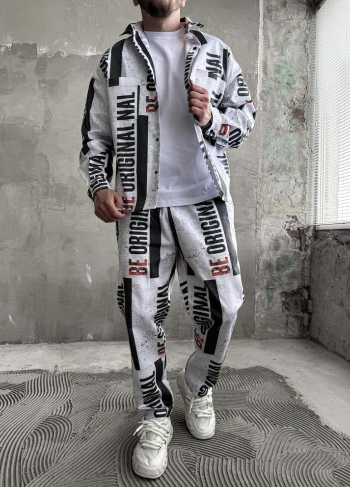 Білий демісезонний костюм котоновий сорочка штани оверсайз стильний принт весна осінь No Brand