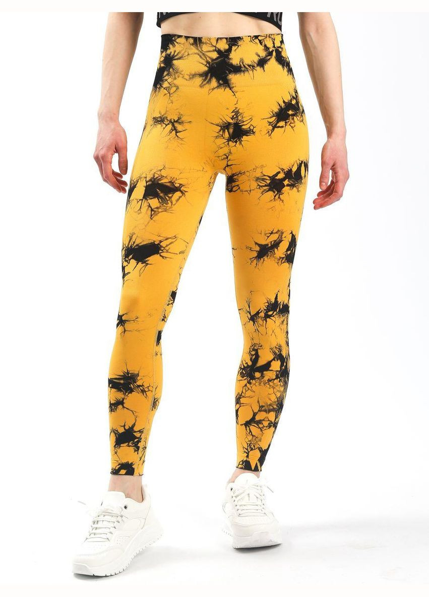 Комбинированные демисезонные леггинсы с мраморным принтом, горчичневого с черным цвета, размер l Trends