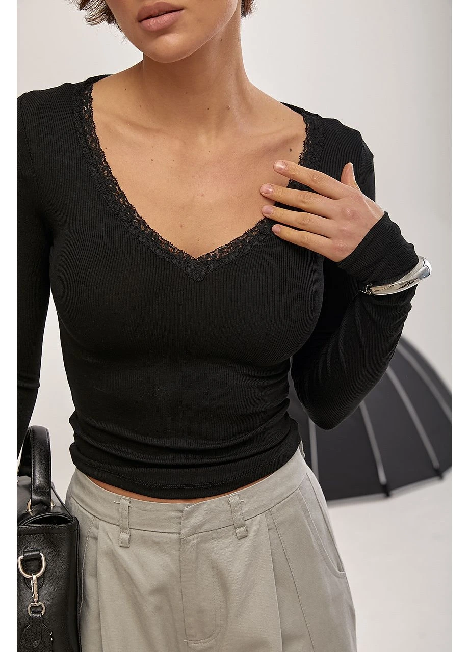 Лонгслив в рубчик с кружевом, XL No Brand (399770233)