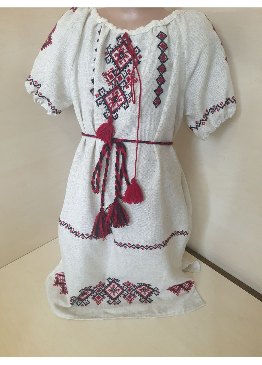 Бежева сукня вишиванка для дівчинки натуральний льон ручна вишивка 92 98 104 110 116 122 128 (366080083)