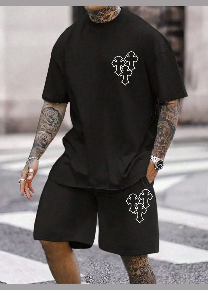 Комплект футболки и шорты черного цвета с ДТФ принтом (оверсайз) No Brand (370958199)