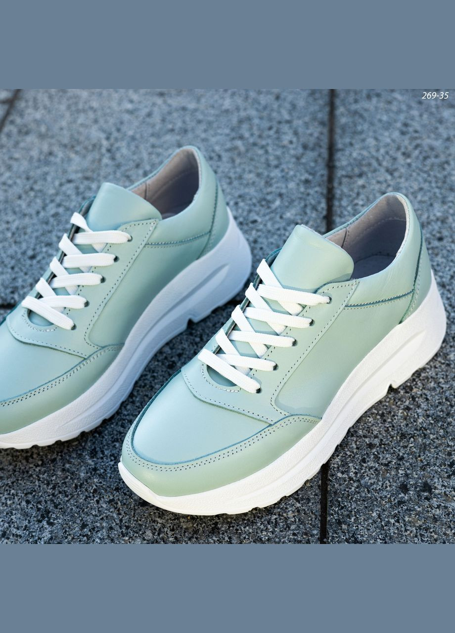 Комбинированные женские кожаные кроссовки бирюзового цвета No Brand