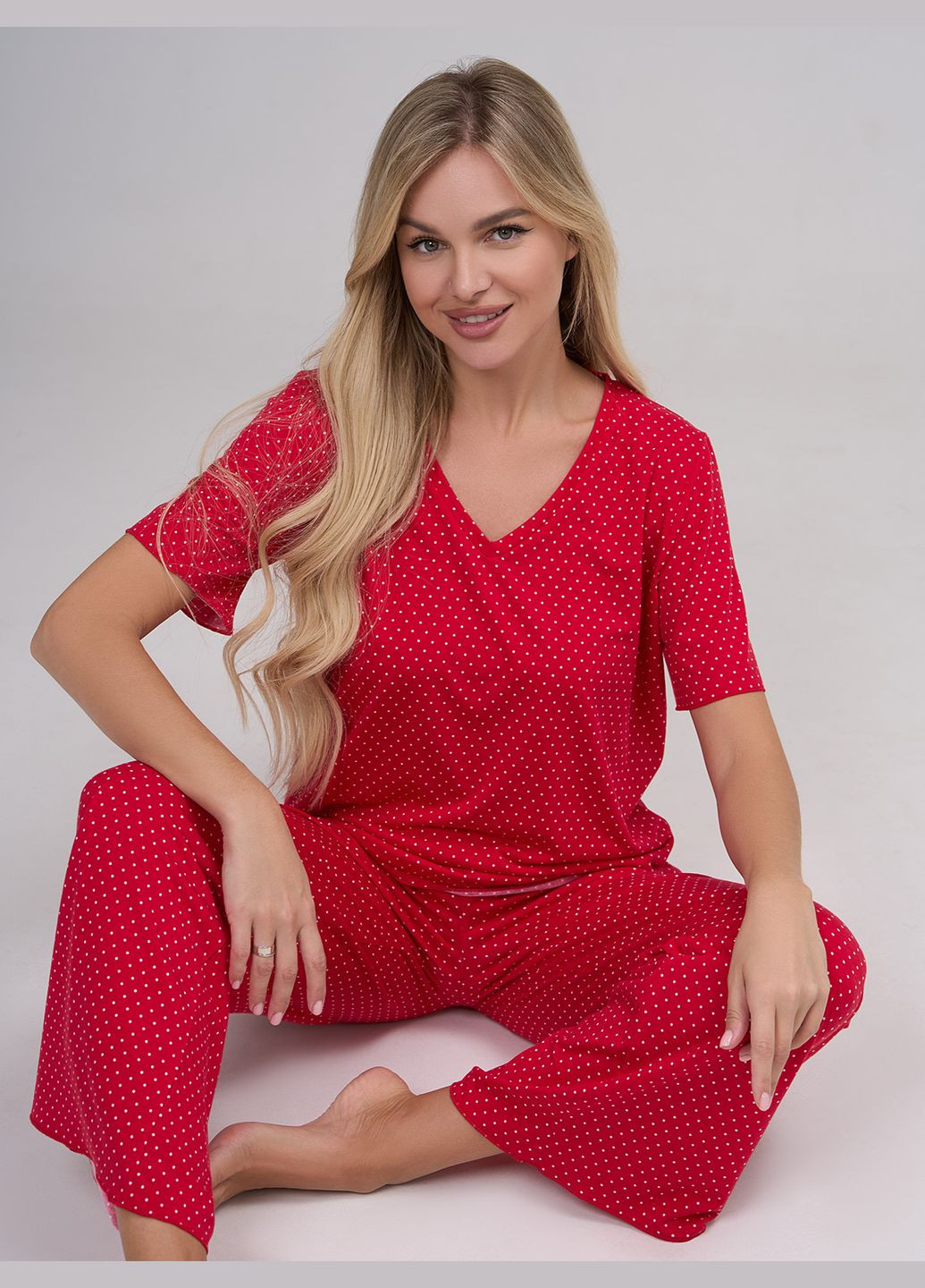 Красная всесезон домашняя одежда футболка + брюки ISSA PLUS 14884