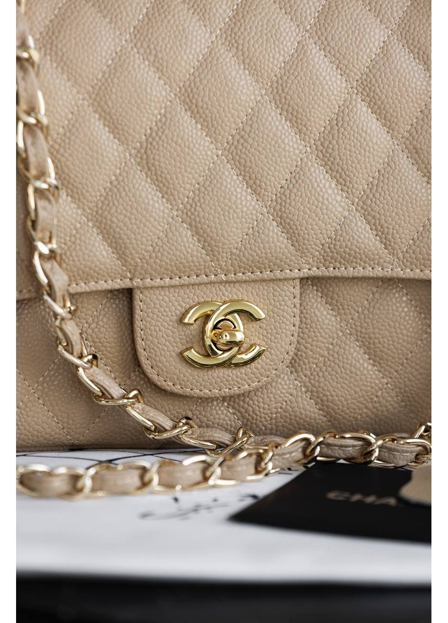 Шкіряна жіноча сумка класична Chanel Classic 2.55 Medium Double Flap in Beige/Gold бежева No Brand (369653491)