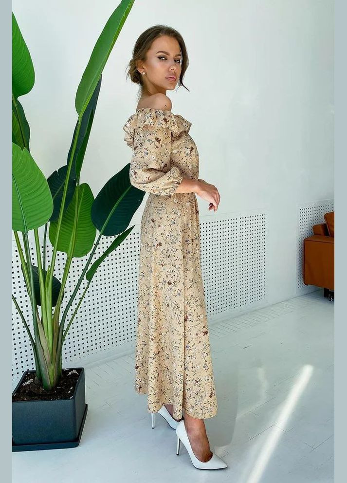 Бежева святковий, повсякденний, кежуал сукня з відкритими плечима Seventeen з квітковим принтом