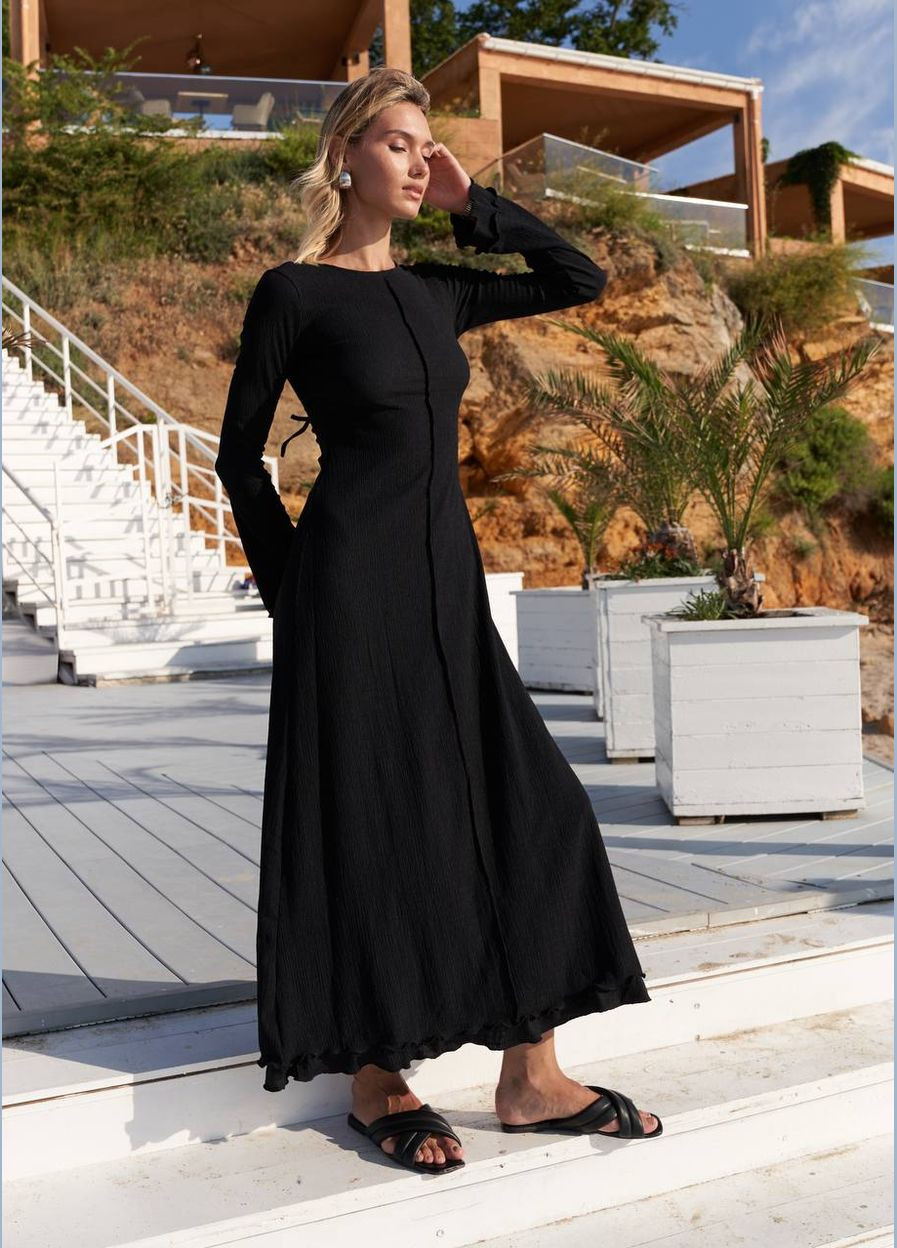 Черное длинное легкое летнее платье с длинными рукавами клеш, шнуровка на спинке ZF inspire