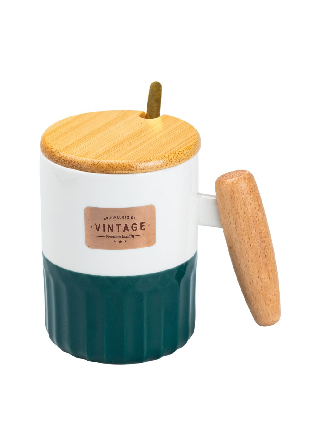Чашка керамічна 400 мл Vintage з бамбуковою кришкою та ложкою, зелений з білим Happy Life (328603529)