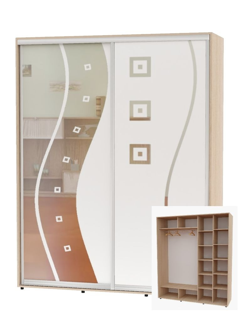 Шкаф-купе двухдверный 200*60*220 Дуб молочный Зеркало с пескоструйным рисунком Алекса (360436398)