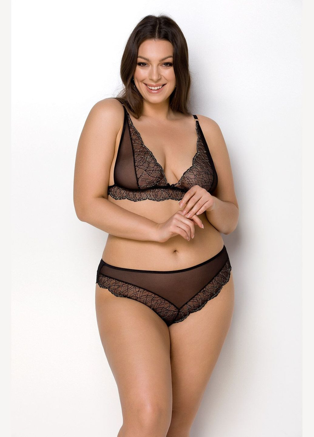 Чорний демісезонний комплект білизни amberly set black, ліф, трусики бразиліана, люрексова нитка Passion