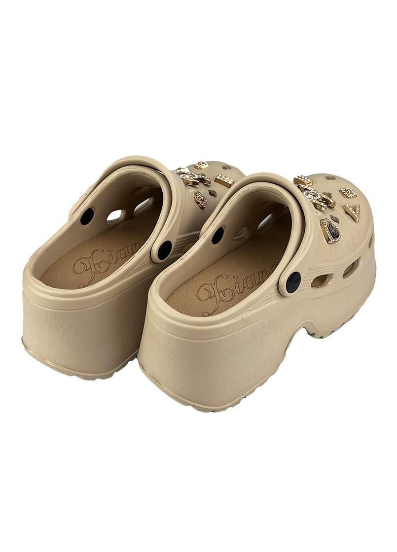 Женские кроксы сабо на платформе с джибитсами бежевые 10838-3 No Brand (331344690)