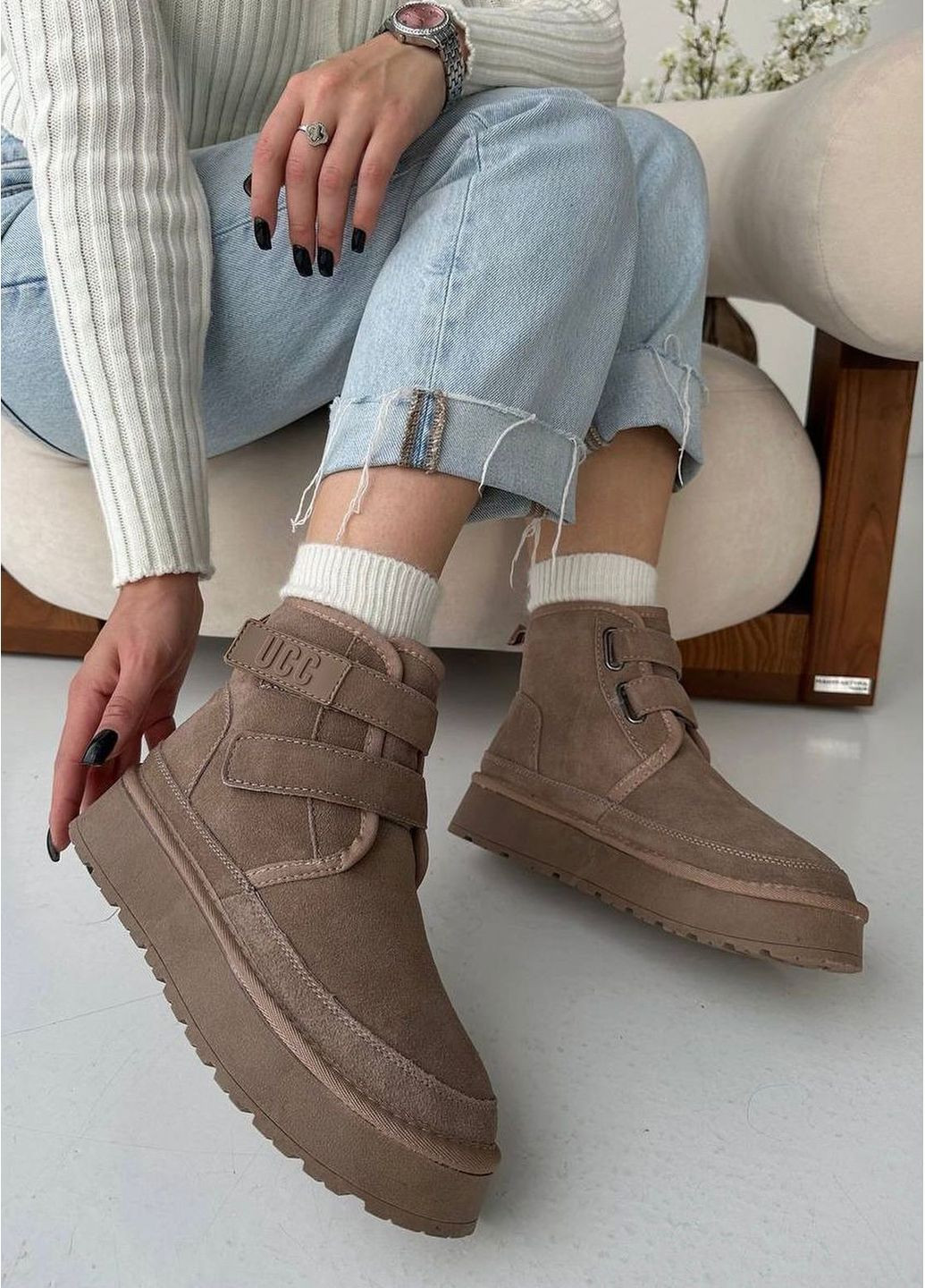 Угги женские коричневые замшевые на платформе с липучками. Размер 36 (23,5см) Fashion (364274831)