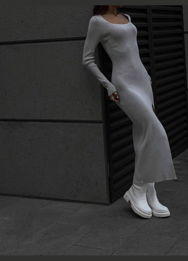 Серое праздничный, коктейльное, деловое, откровенный, повседневный, кэжуал, джинсовое, вечернее платье женское No Brand однотонное