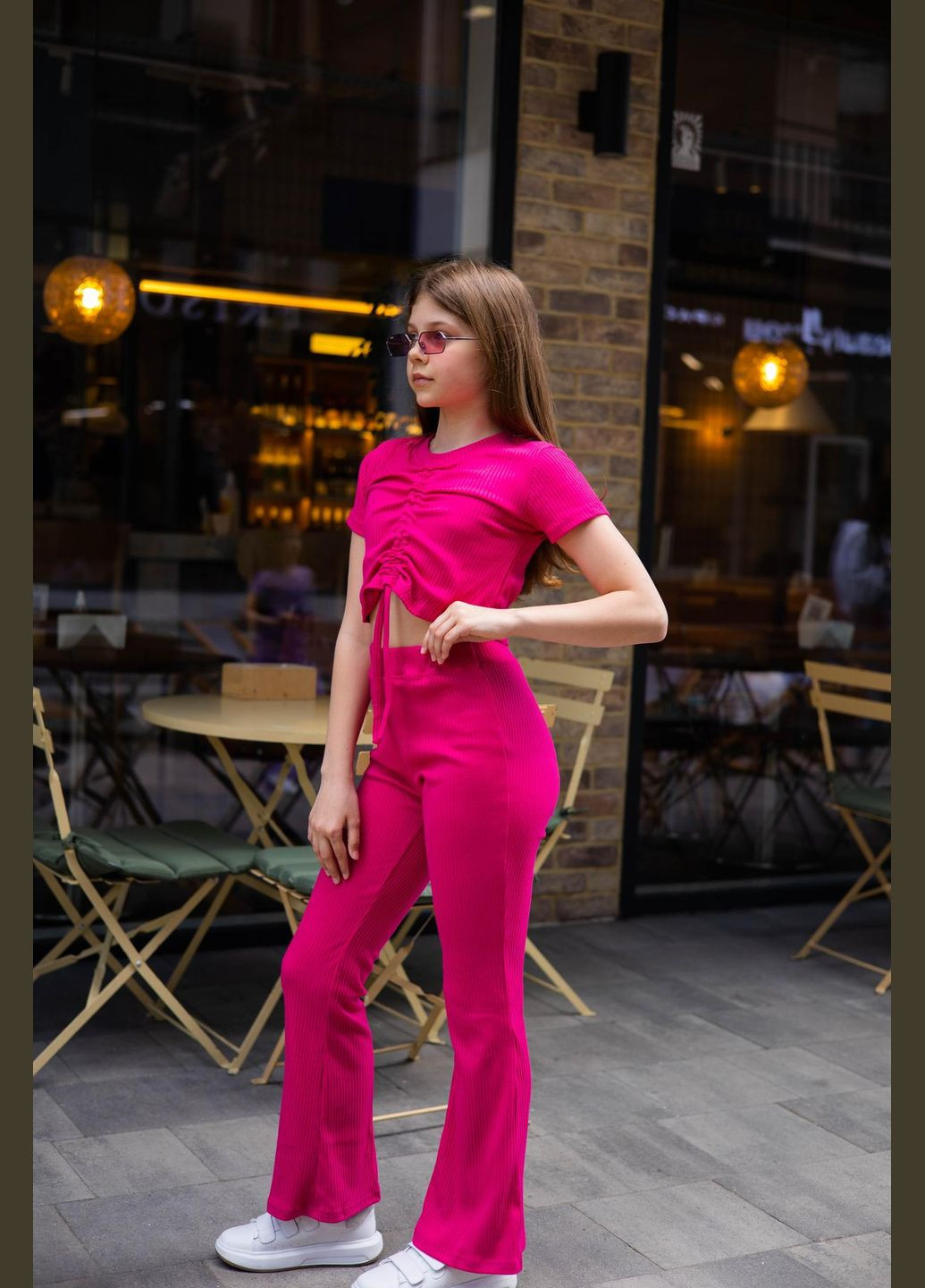 Рожевий літній костюм затяжка малина короткий рукав брючний IRmAS клеш