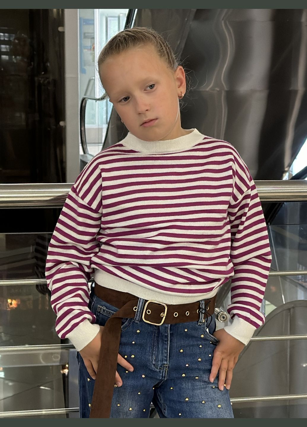 To Be Too tbt2451 свитшот из тонкой вязки для девочки (италия) полосатый бело-фиолетовый полоска фиолетовый праздничный, коктейльный, деловой, повседневный, кэжуал, деним шерсть