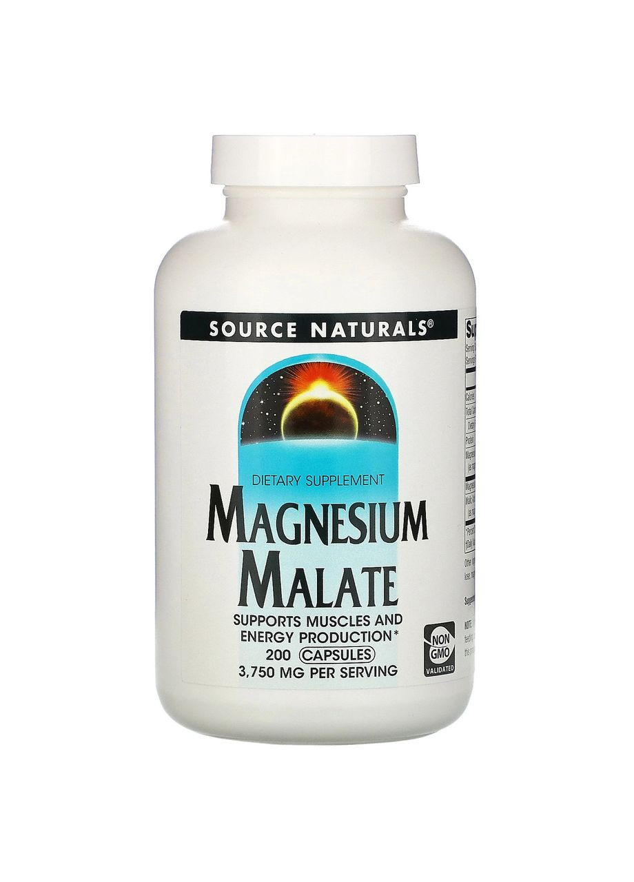 Магний малат 425 мг яблочнокислый магний поддерживает мышцы и выработку энергии 200 капсул Source Naturals (266554686)