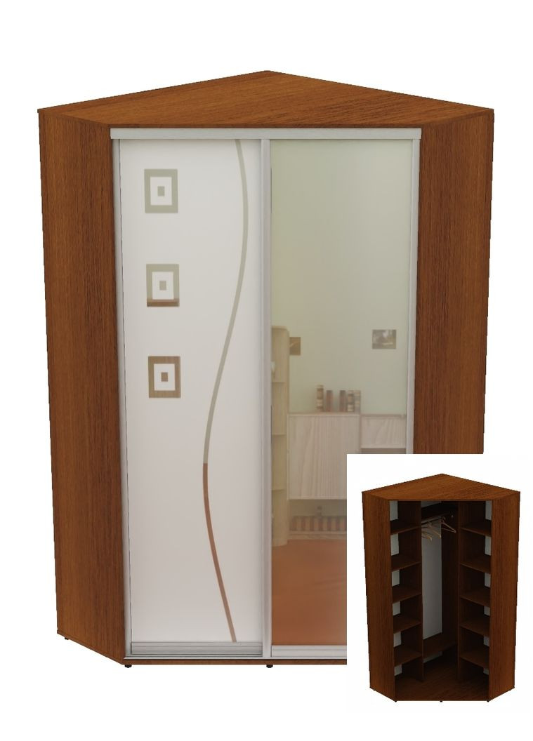 Шафа-купе дводверна кутова 100*100*240 Горіх лісовий Дзеркало/Дзеркало з піскострумним малюнком Угол-1 Алекса (360451795)