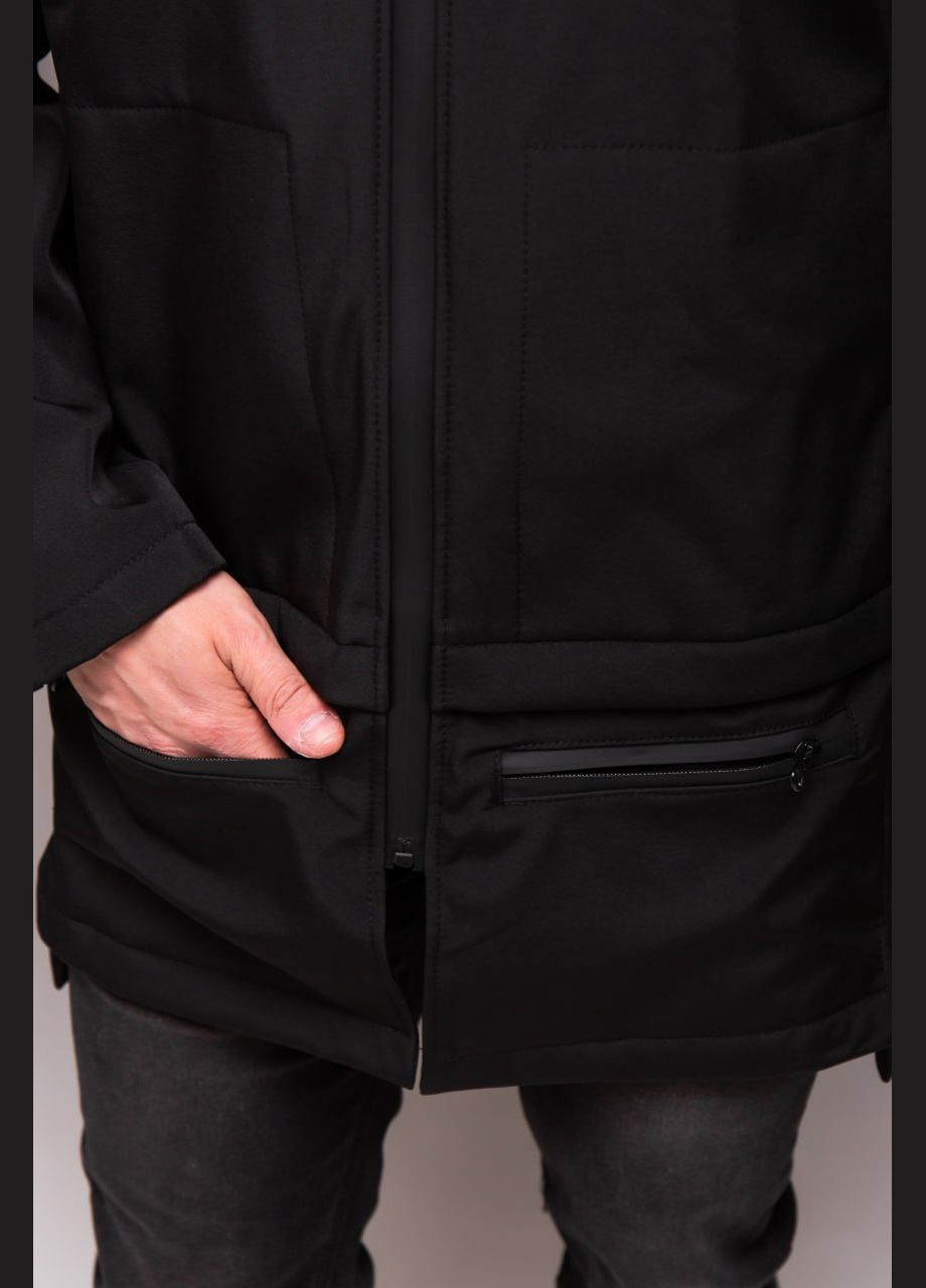 Черная демисезонная удлиненная куртка softshell на флисе Vakko