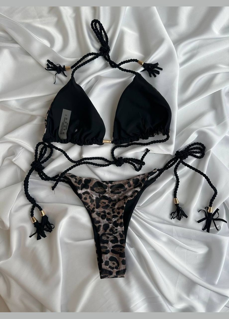 Коричневый летний женский раздельный купальник бикини на завязках wisteria леопардовый No Brand